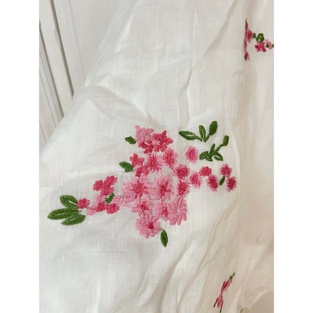 Embroidered Linen Midi Dress White Pink Floral Boho Sun Dress Size Medium - Picture 3 of 3